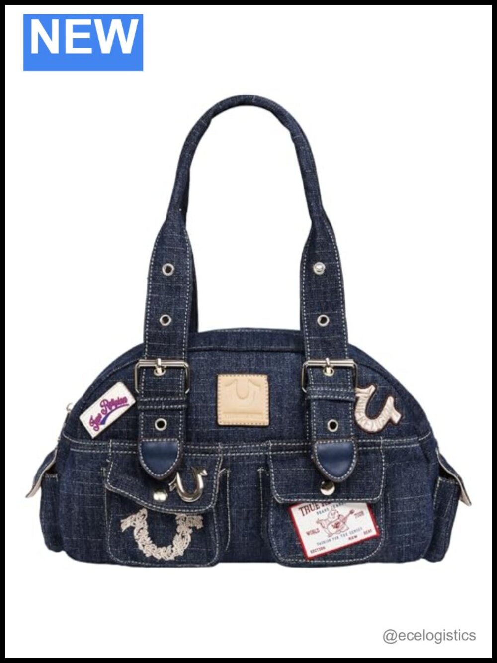 Designer Denim Satchel 50/50 Denim Blend Zip Top Embroidered Horseshoes Logo